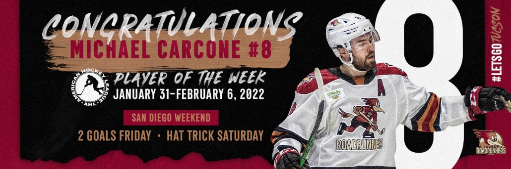 Michael Carcone 2021-2022 Tucson Roadrunners Alternate Set Game Worn Jersey  — Desert Hockey Threads