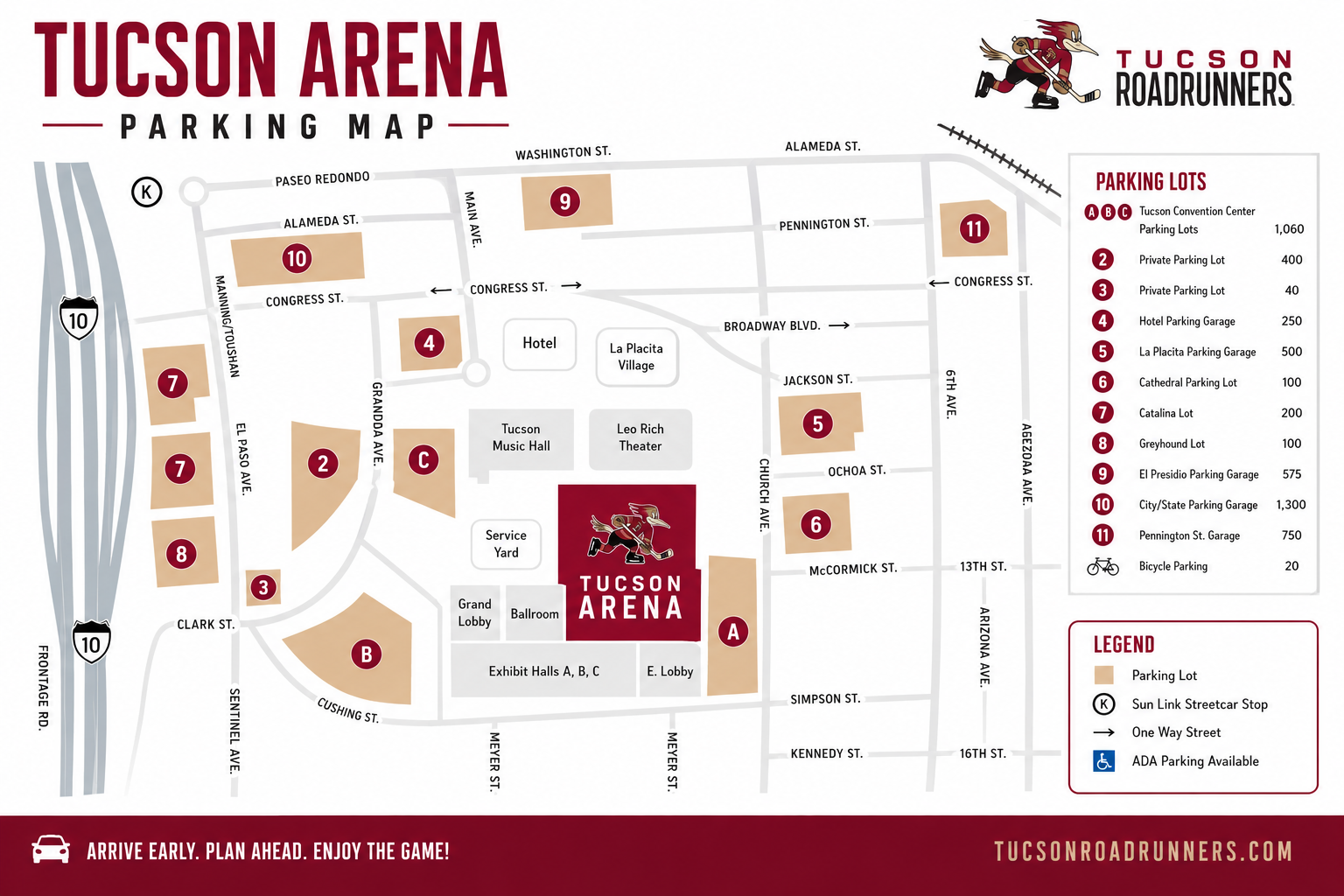 Tucson Roadrunners arena parking map showing Lots A, B and C